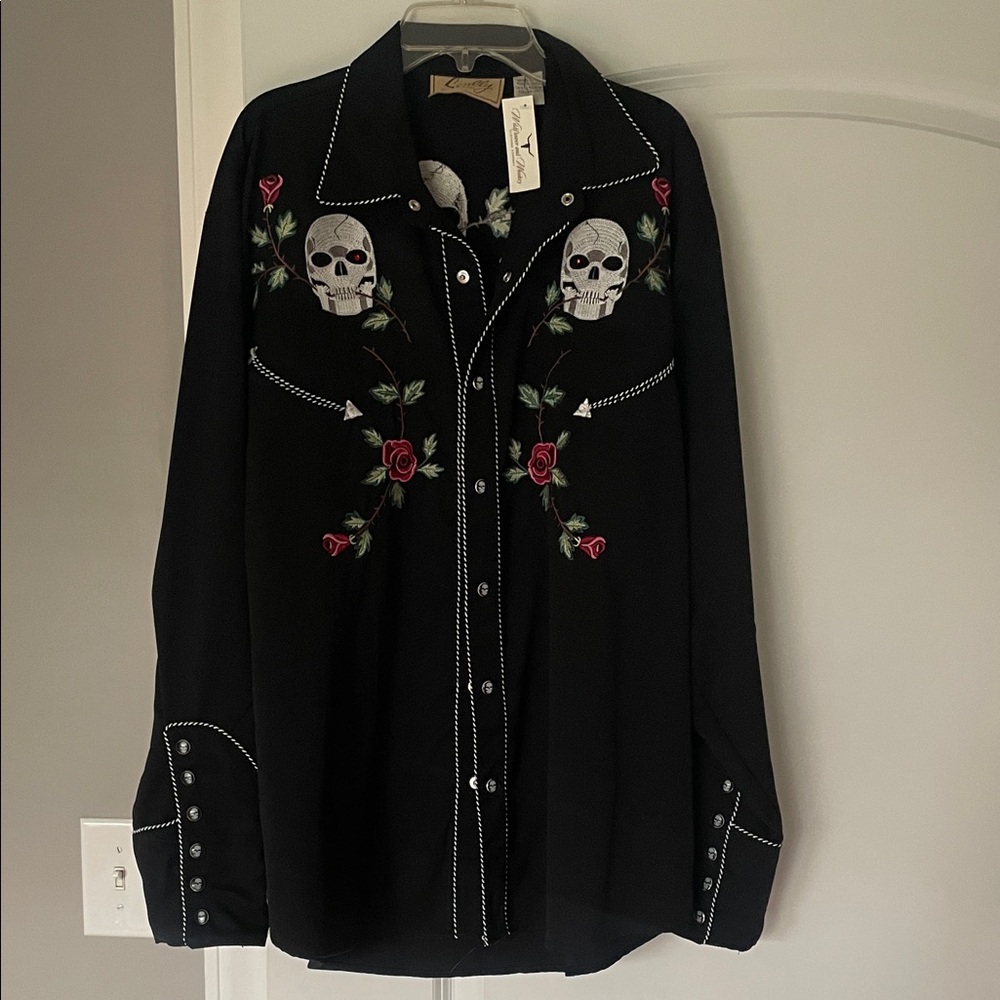 NWT Scully Black Skull & Rose Embroidered Western Shirt